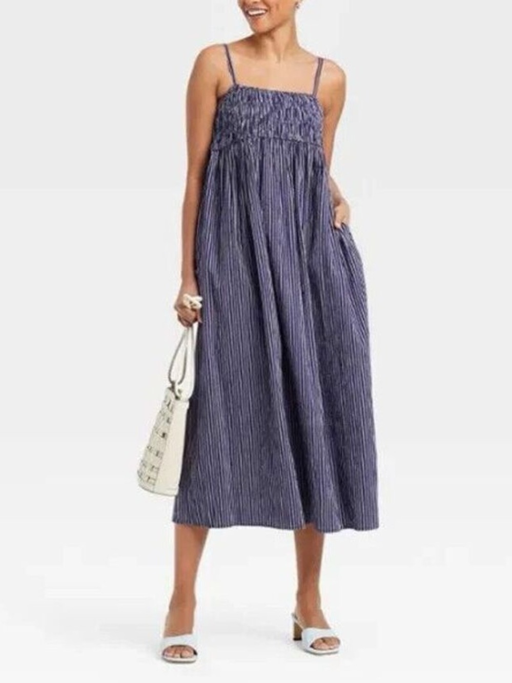 A New Day Striped Smocked Midi Sundress Coastal Resort Beach Resort Blue Gray M